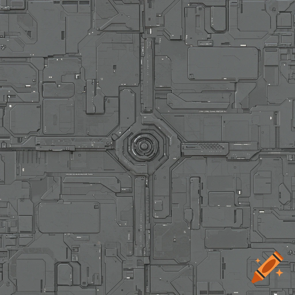 Detailed grey sci-fi panel with complex geometric shapes, circuits, and a central circular mechanism, top view.