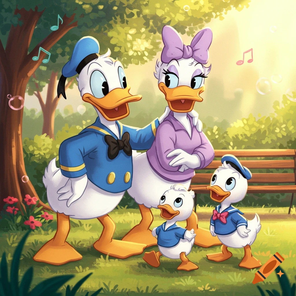 Donald Duck, Daisy Duck, and two ducklings stand in a sunny park with musical notes floating around, in a vibrant cartoon style.