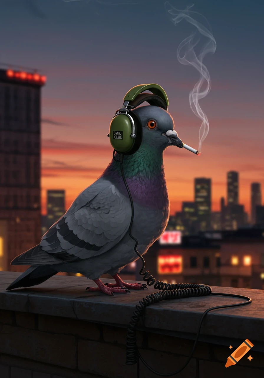 A photorealistic pigeon with green David Clark headphones smokes a cigarette on a city rooftop at sunset.