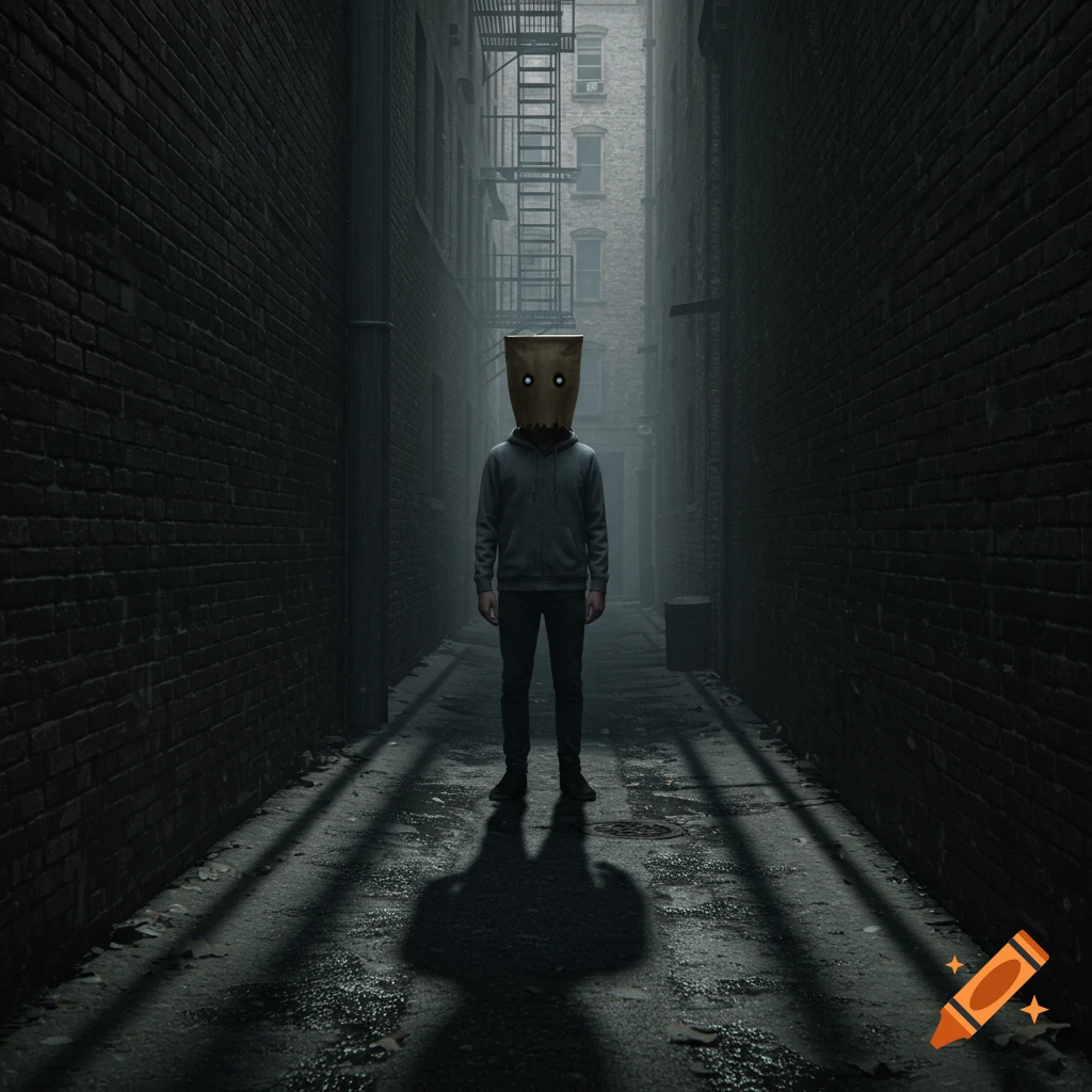 A person with a paper bag over their head with glowing white eyes stands in a dark, misty alleyway between brick buildings.