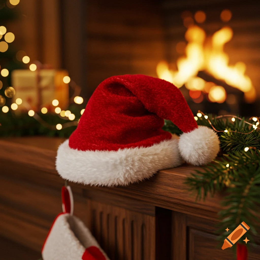 A red Santa hat with white fur trim rests on a wooden mantelpiece, with a warm fireplace and blurred Christmas lights in the background.