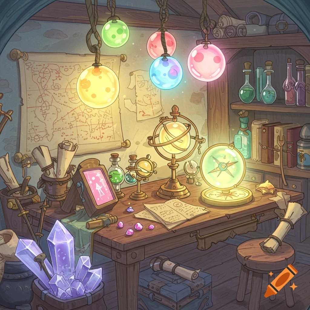 A whimsical magical workshop table filled with glowing orbs, potions, crystals, maps, and arcane instruments in a cartoon illustration style.