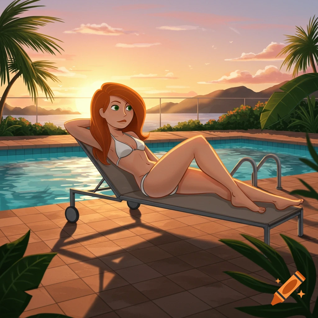 Cartoon Kim Possible in a white bikini lounges by a pool at sunset.