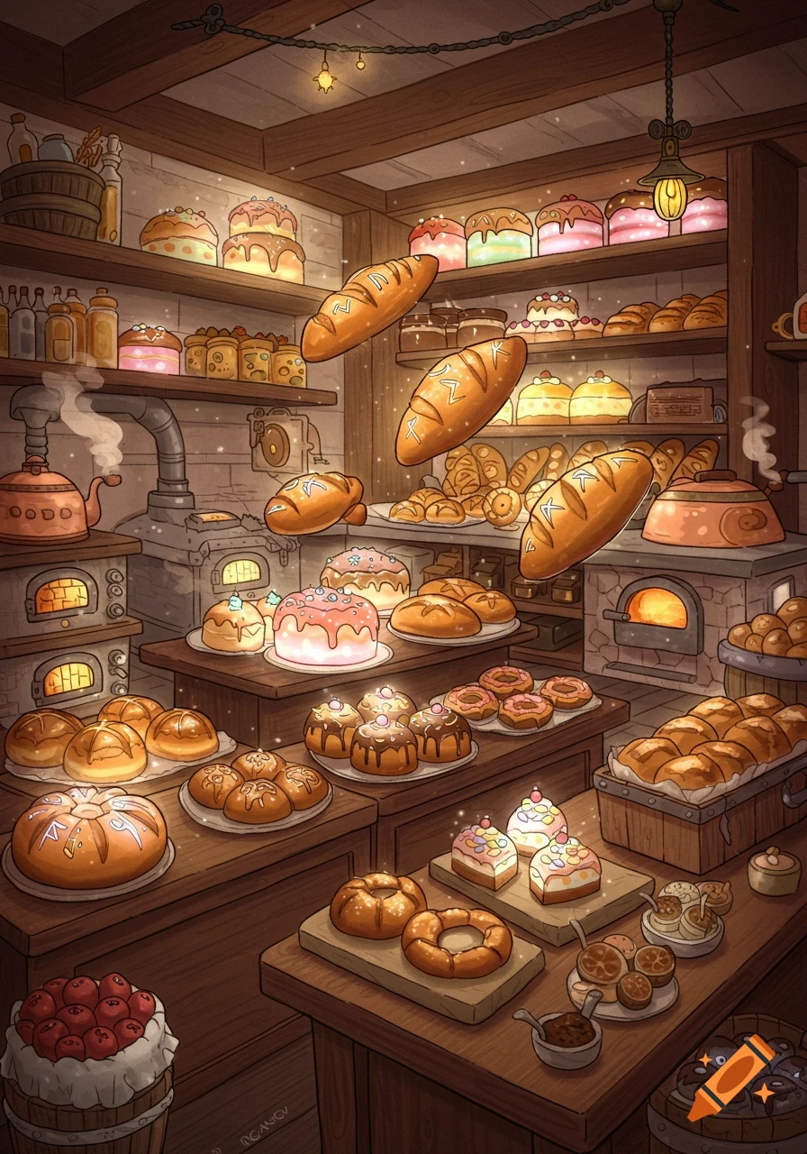 A cozy, magical bakery with glowing cakes, floating bread, sparkling pastries on wooden shelves, warm lights, in a digital art style.