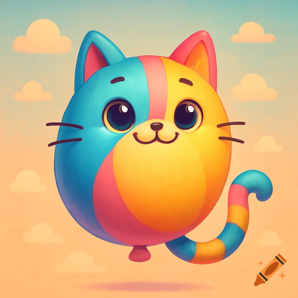 A cute, colorful cartoon balloon cat with big eyes and a striped tail floats against a soft sky with clouds.