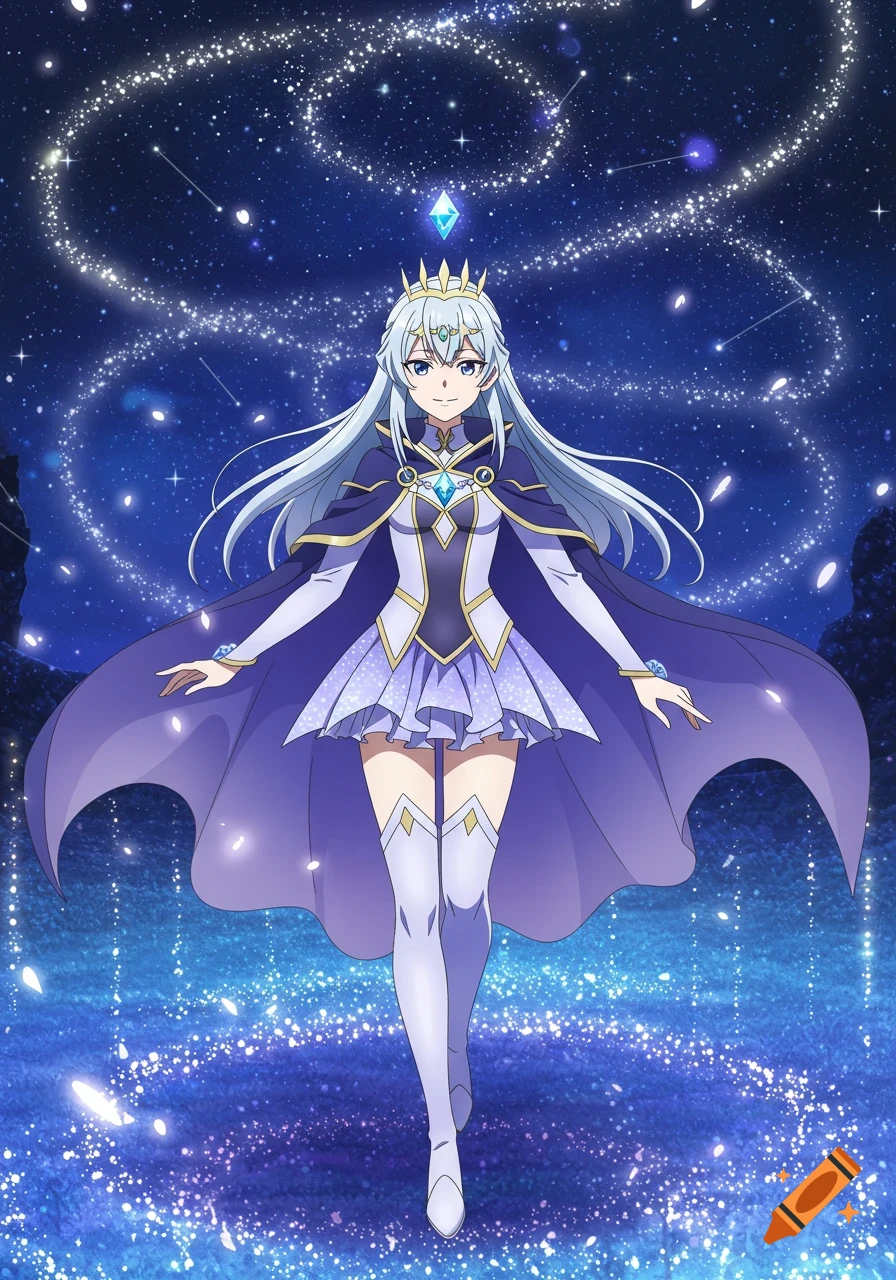 An anime girl with long white hair and blue eyes, wearing a purple and white magical girl outfit and a crown, stands in a starry night sky with sparkling trails.