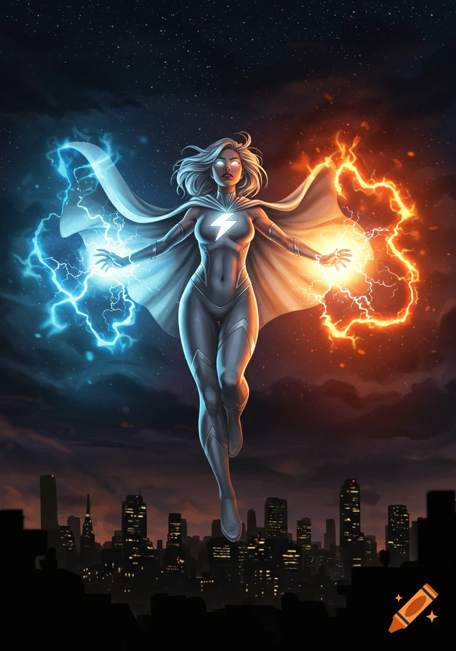 White-haired superhero in white suit with lightning bolt, cape, flies over city at night, wielding blue lightning and orange energy.