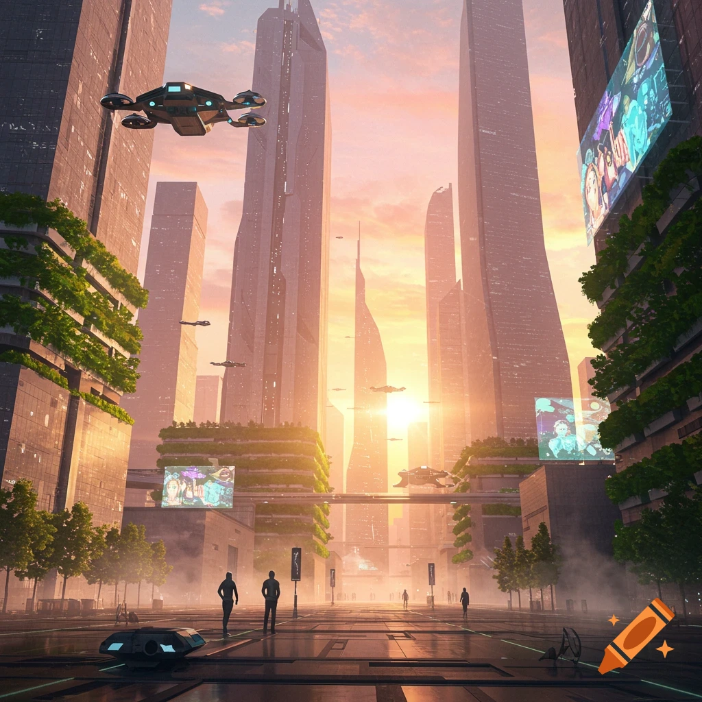 A vibrant futuristic cityscape at sunrise with towering buildings, flying vehicles, and pedestrians on a street.