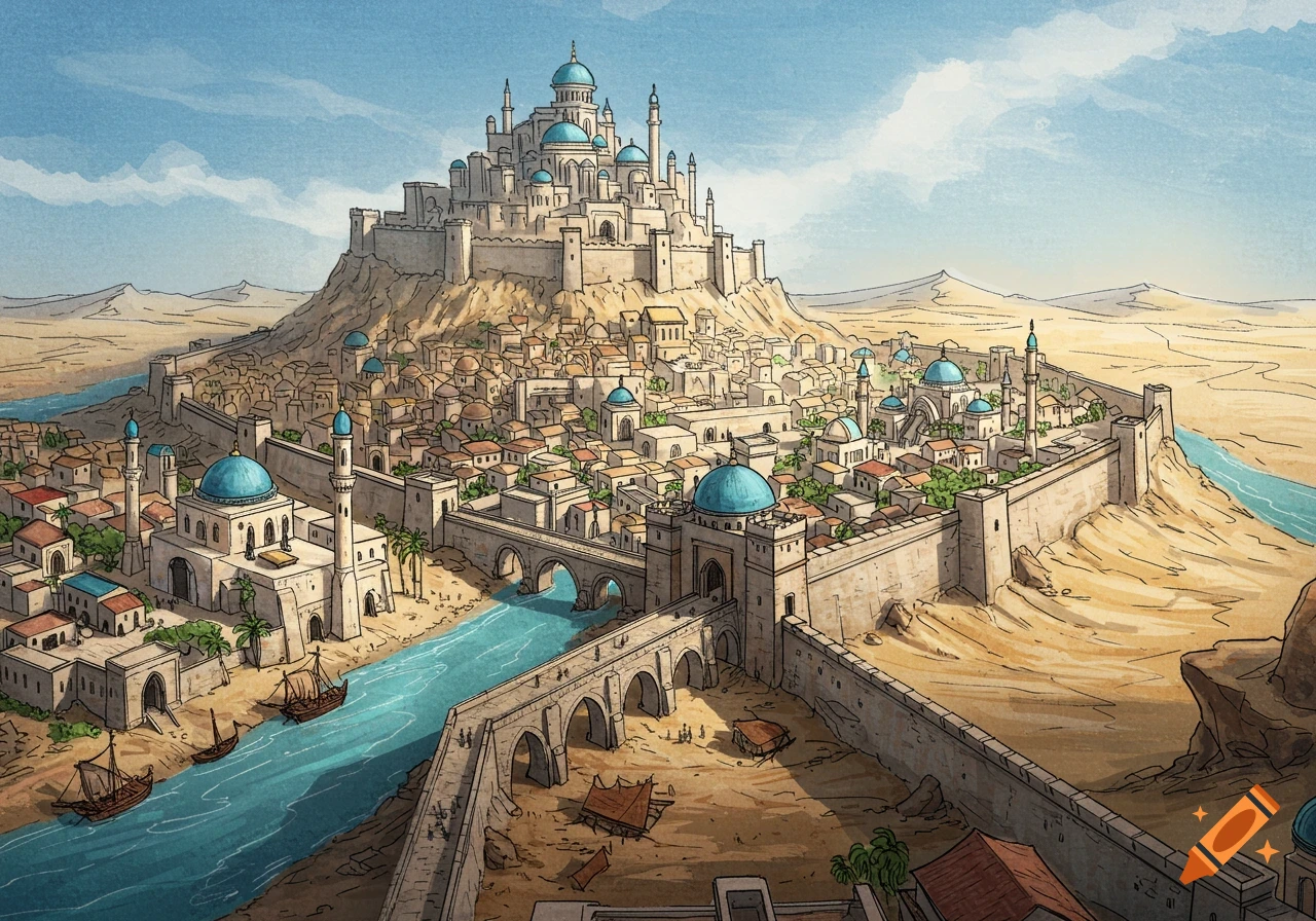 A concept art sketch of a large medieval walled city with a castle on a hill, a river, and boats, surrounded by rocky desert.