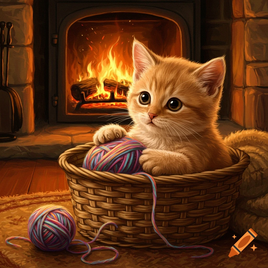 A cute caramel kitten with brown eyes plays with multicolored yarn in a basket by a warm fireplace.