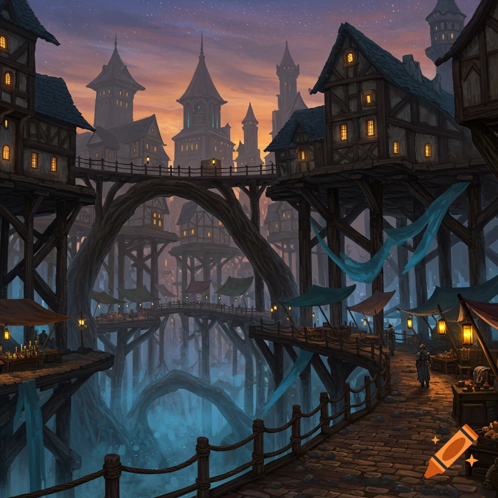 A fantasy city built on intricate wooden stilts and bridges over a misty chasm, bathed in twilight hues.