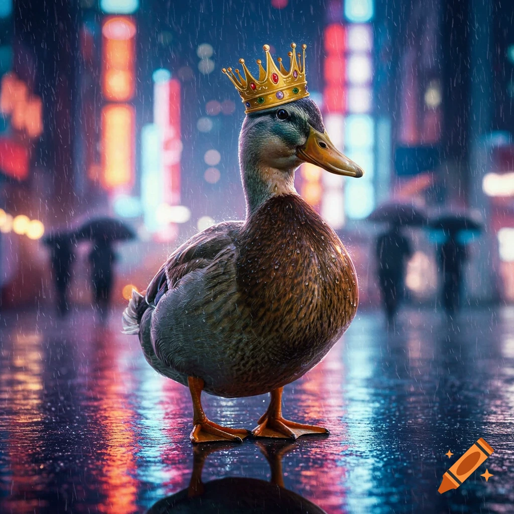 Photorealistic duck wearing a gold crown stands on a wet street in a rainy, neon-lit city at night.
