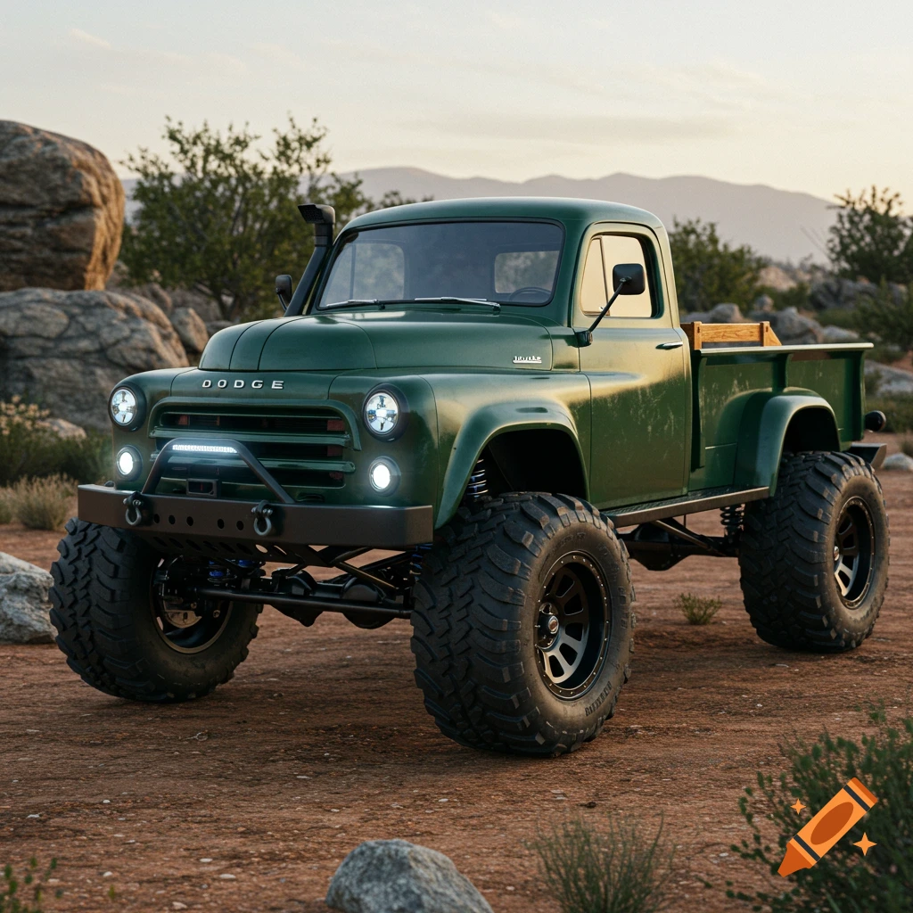 A vintage green Dodge off-road pickup truck with large tires, modern LED headlights, and a wood-decked flatbed, parked in a rocky desert landscape.
