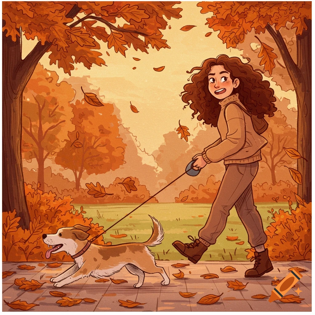 A person with curly brown hair walks a happy dog on a leash through an autumn park with falling orange leaves in a hand-drawn style.
