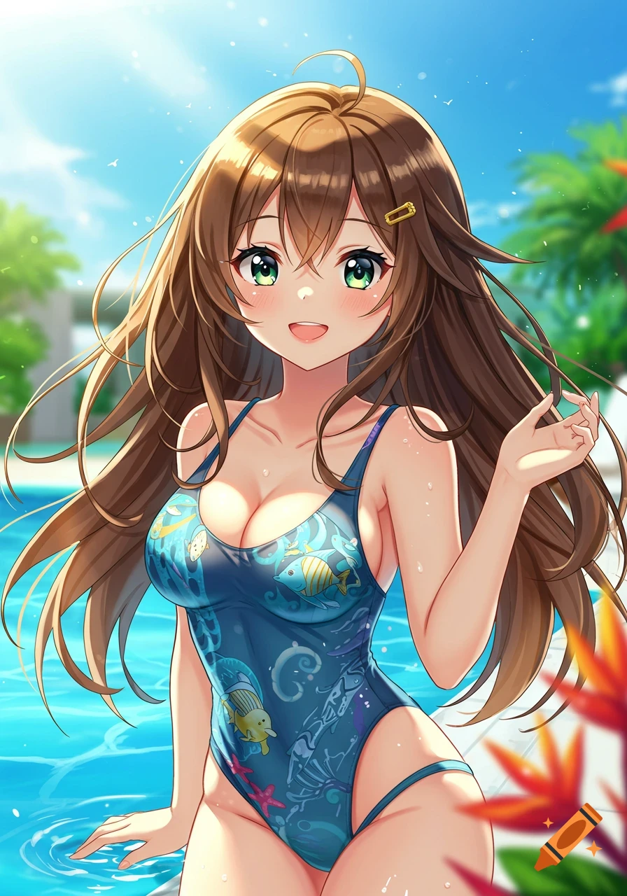 Anime girl with long brown hair, green eyes, wearing a blue patterned swimsuit, smiling by a swimming pool.