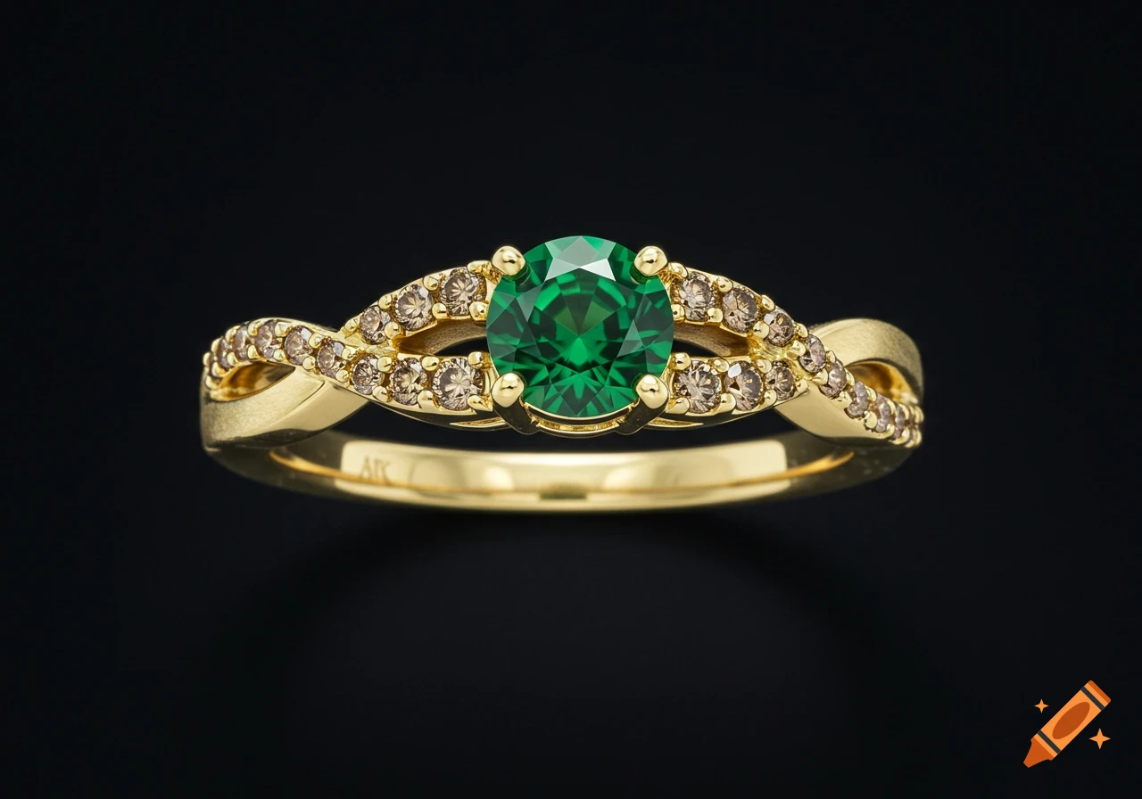 A professional close-up shot of an 18K yellow gold engagement ring with a round green emerald and brown diamond-studded intertwined band on a dark background.