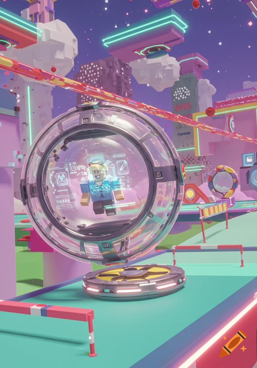 A blocky Roblox-style character inside a clear gyrosphere on a colorful, futuristic obstacle course with floating platforms under a starry purple sky.