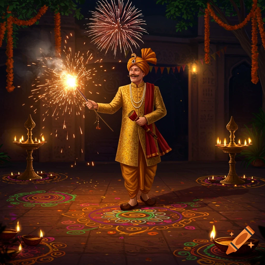 A man in traditional Indian attire celebrates Diwali, holding a sparkler and firecracker tube, surrounded by diyas, rangoli, and fireworks.