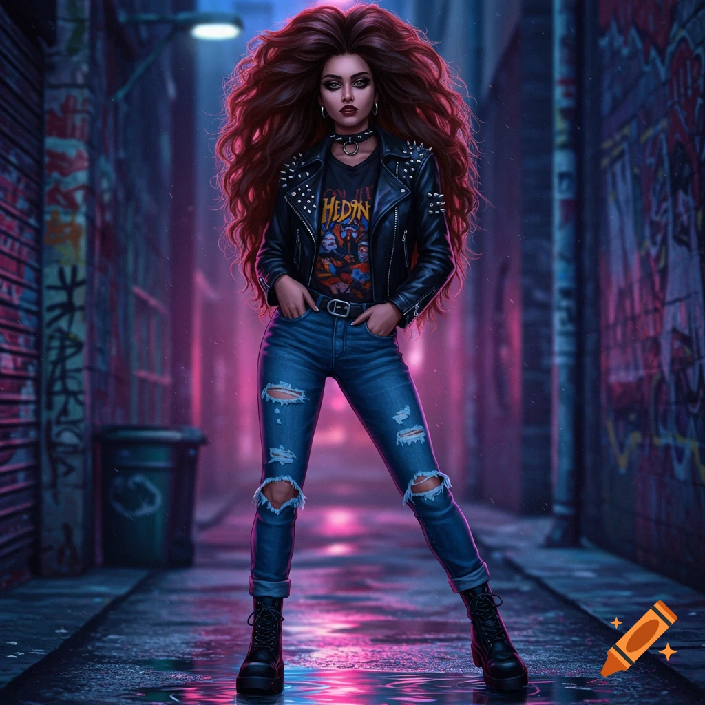 A stylized illustration of a woman with voluminous brown hair, wearing a studded leather jacket and ripped jeans, standing in a neon-lit alleyway at night.