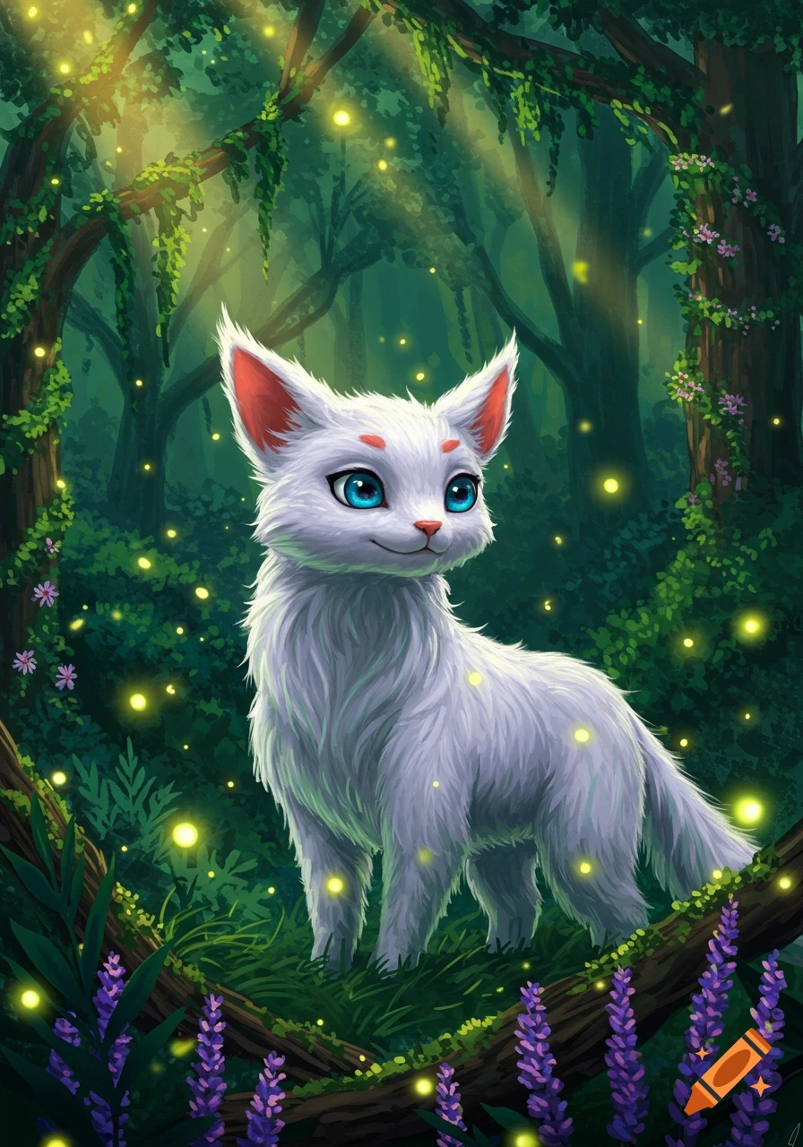 A cute, fluffy white fantasy animal with blue eyes stands in a magical forest with glowing fireflies, digital art.
