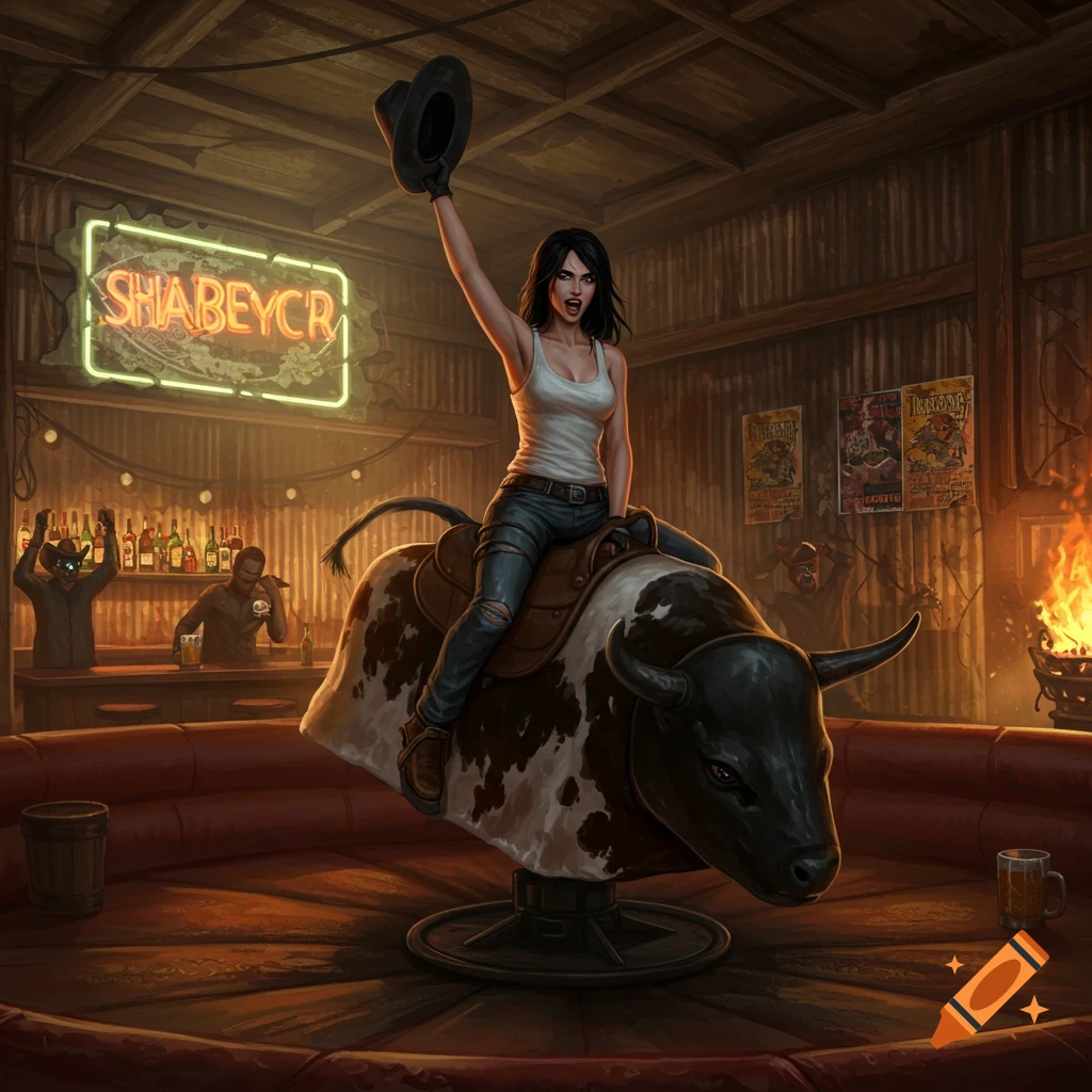 A woman in a tank top and ripped jeans rides a mechanical bull in a dimly lit, post-apocalyptic bar, waving a cowboy hat.