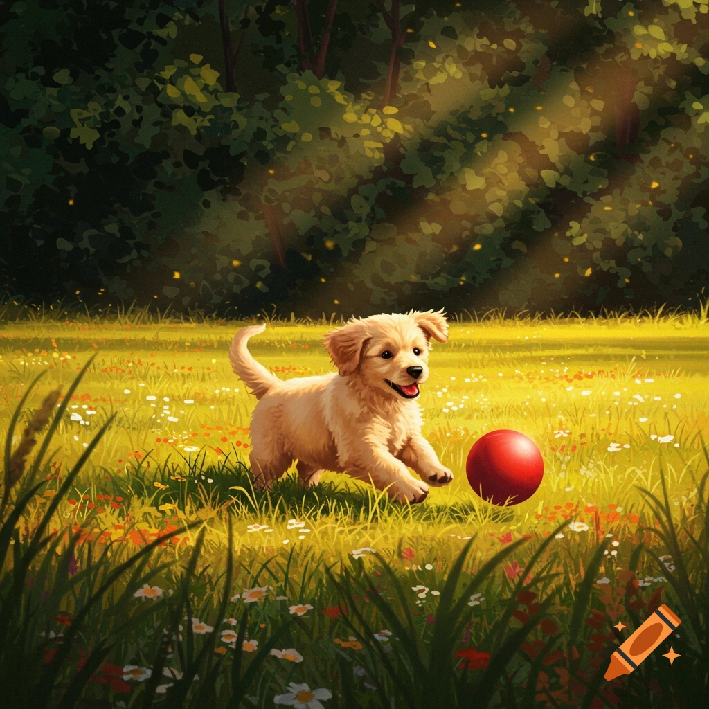 A fluffy golden retriever puppy runs through a sunny, grassy field filled with wildflowers, playing with a red ball, in a digital painting style.
