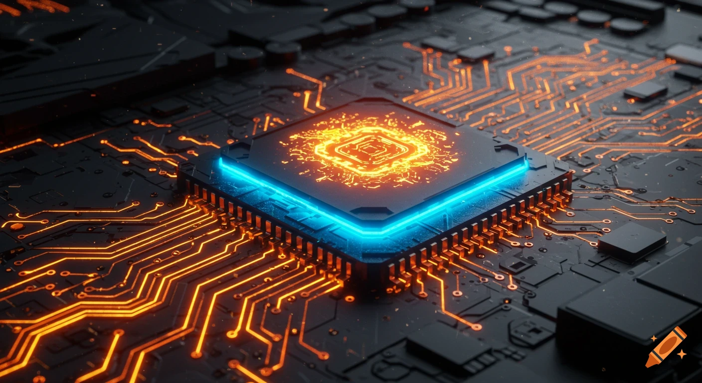 Close-up of a futuristic computer CPU chip on a motherboard, glowing with neon blue and orange light in a high-tech cyberpunk style.