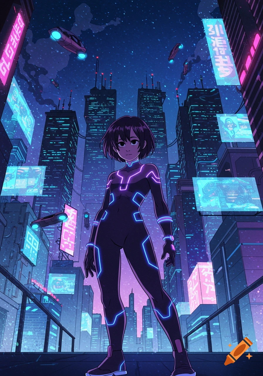 A short-haired girl in a black suit with glowing neon lines stands in a vibrant cyberpunk city with flying cars and holographic ads at night, in an anime style.