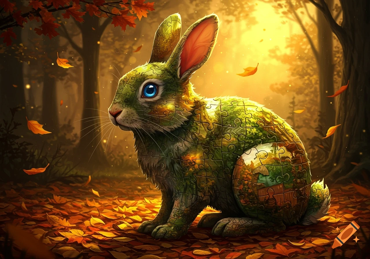 A vibrant rabbit, its fur made of green and brown puzzle pieces, sits among fallen autumn leaves in a sunlit forest.