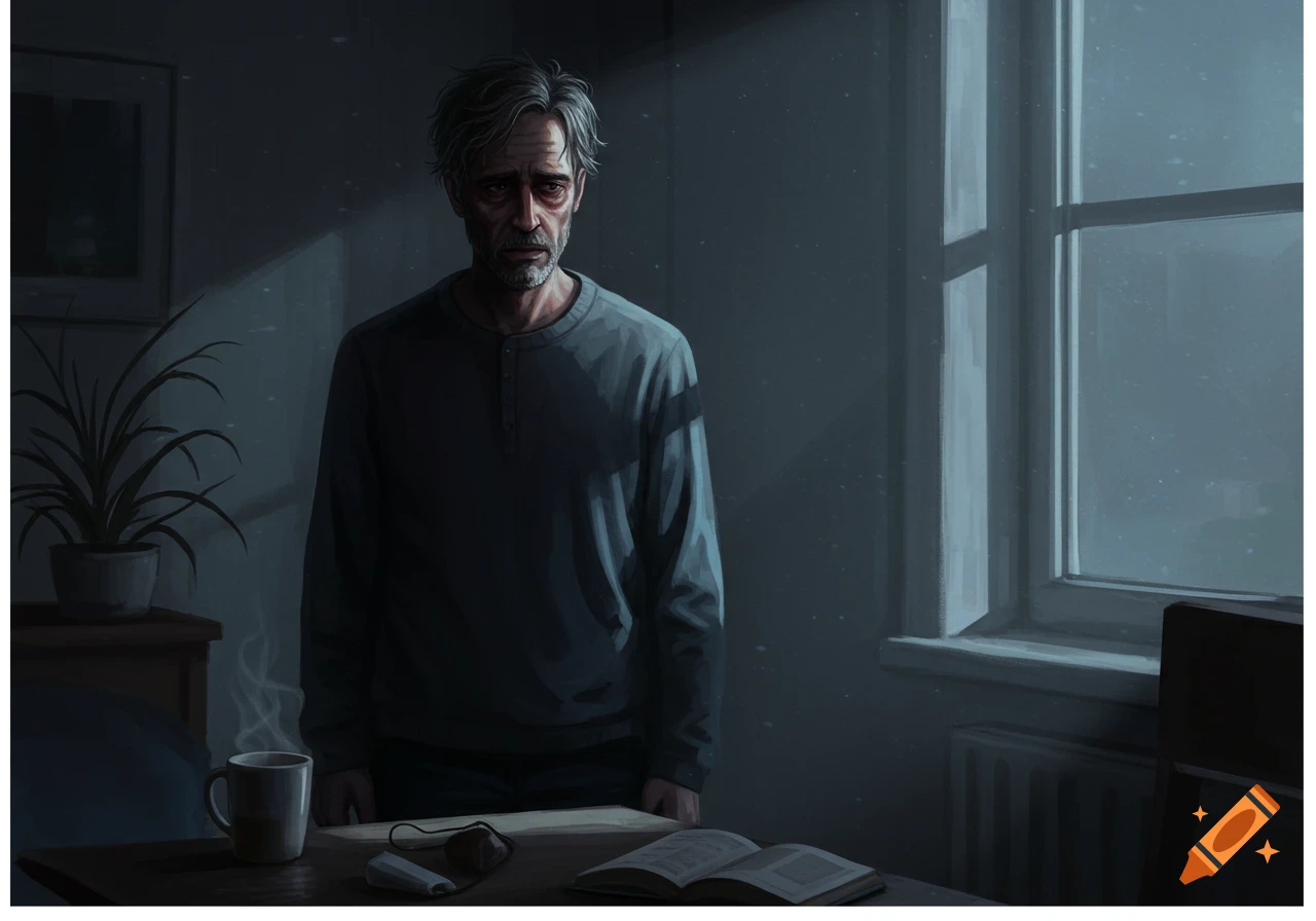 An illustrated portrait of a somber, grey-haired man with dark circles under his eyes, standing in a dimly lit room with a window, a steaming mug, and an open book.