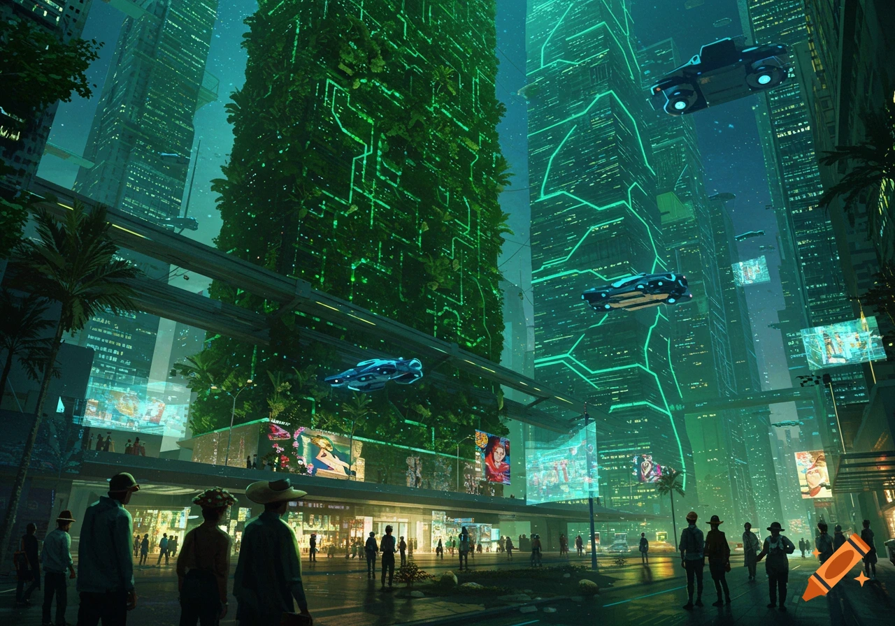 A futuristic city at night with towering buildings covered in green vegetation and glowing circuits, flying cars, and people on a vibrant street with illuminated billboards.