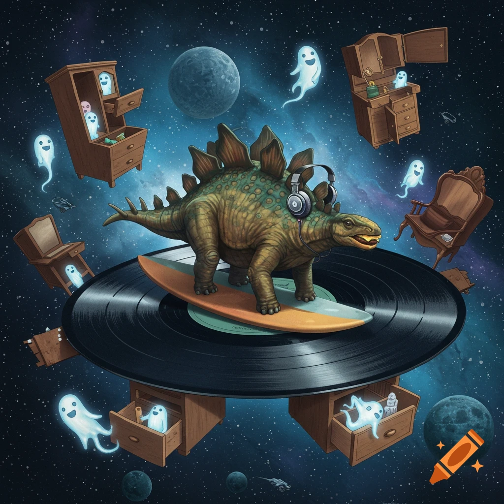 A green stegosaurus wearing headphones surfs on a surfboard atop a vinyl record, floating in a star-filled cosmic space. Furniture and small white ghosts fly around it. Detailed illustration.