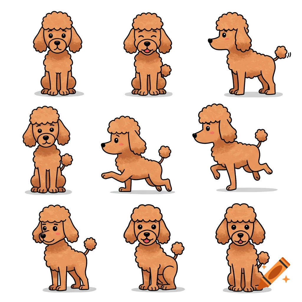 Nine cartoon brown poodles in various sitting, standing, and playing poses with clear outlines and simple shading.