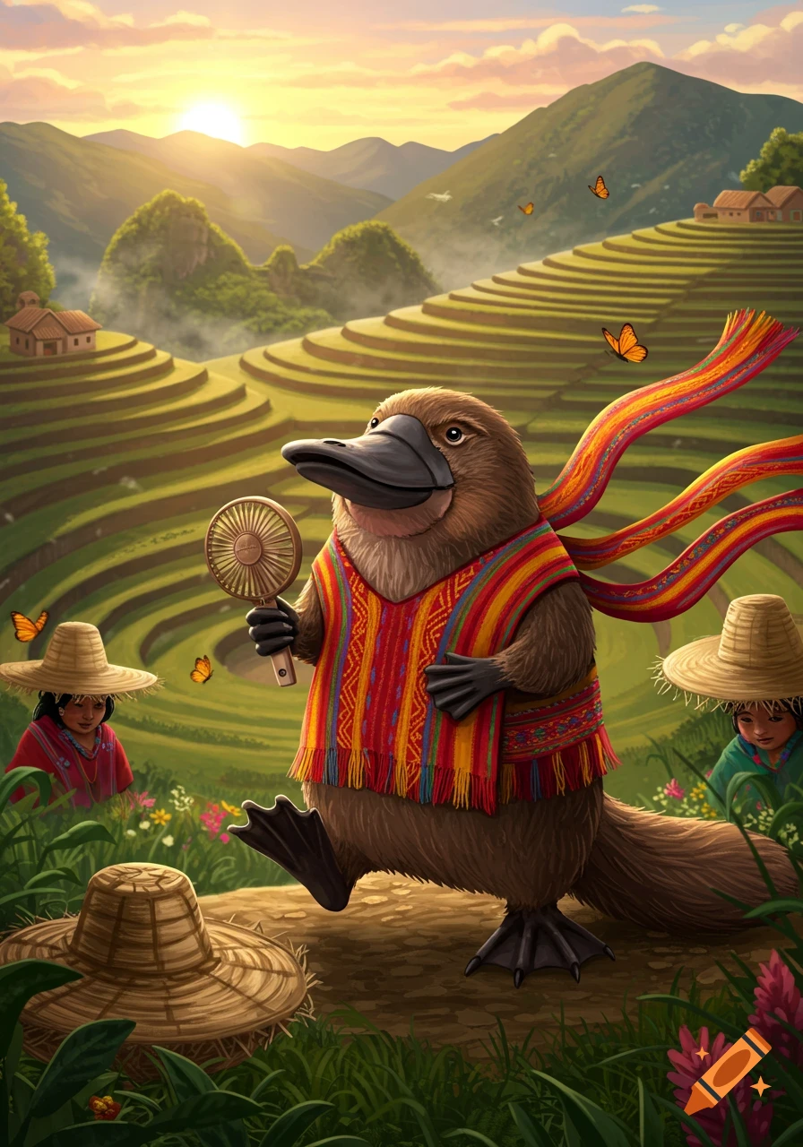 A cartoon platypus in a colorful Peruvian poncho and scarf holds a fan, walking through terraced fields at sunset with distant mountains and people.