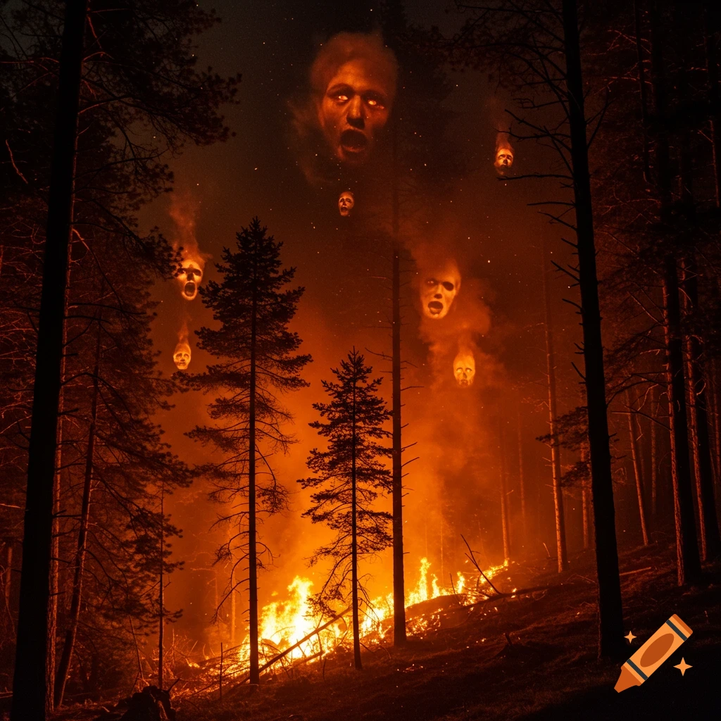 A dramatic night forest fire with multiple ghostly, screaming faces emerging from the smoke above burning trees.