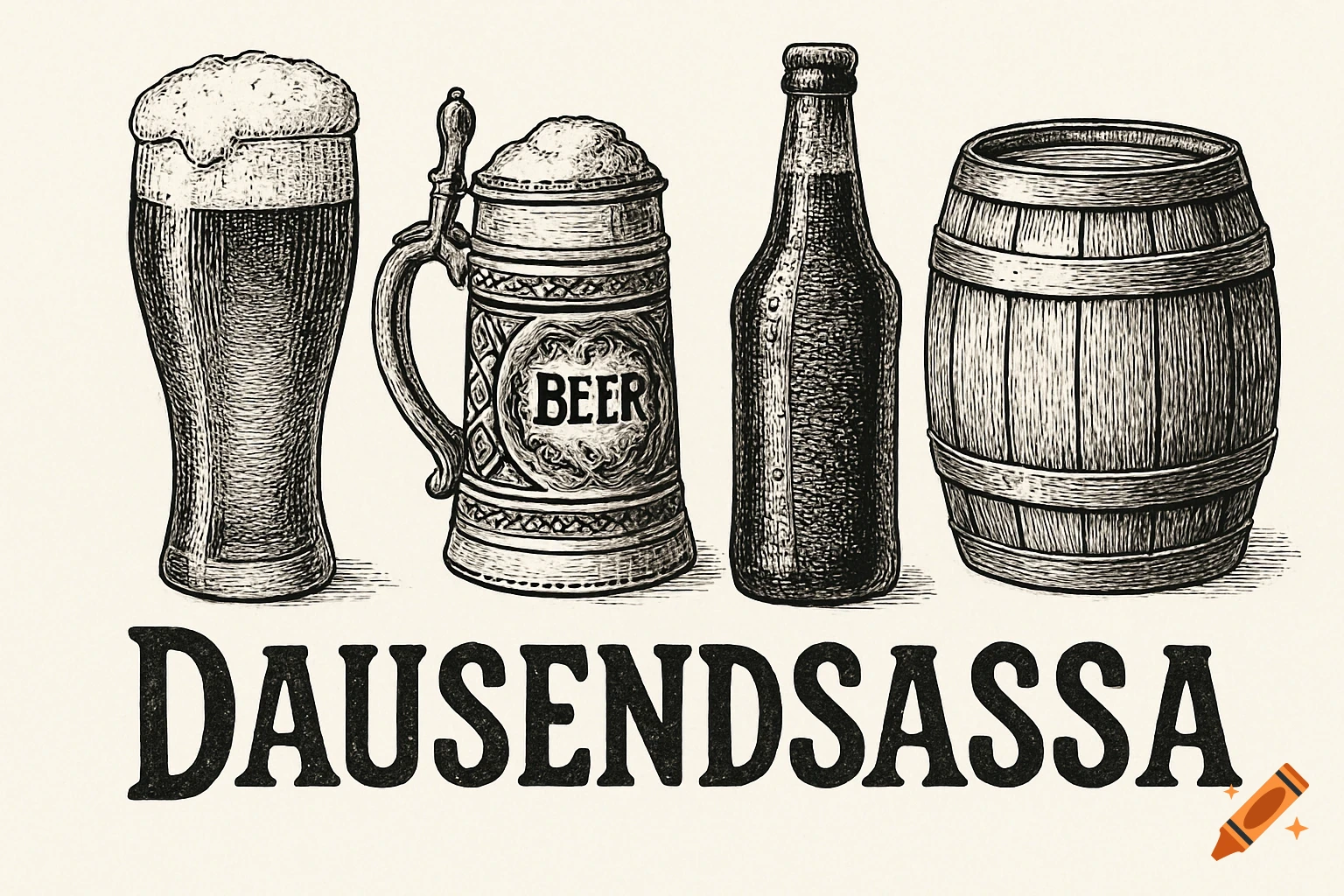 A line art illustration featuring a beer glass, a beer mug with "BEER" on it, a beer bottle, and a wooden barrel. Below them, the word "DAUSENDSASSA" is written in a bold, vintage font.