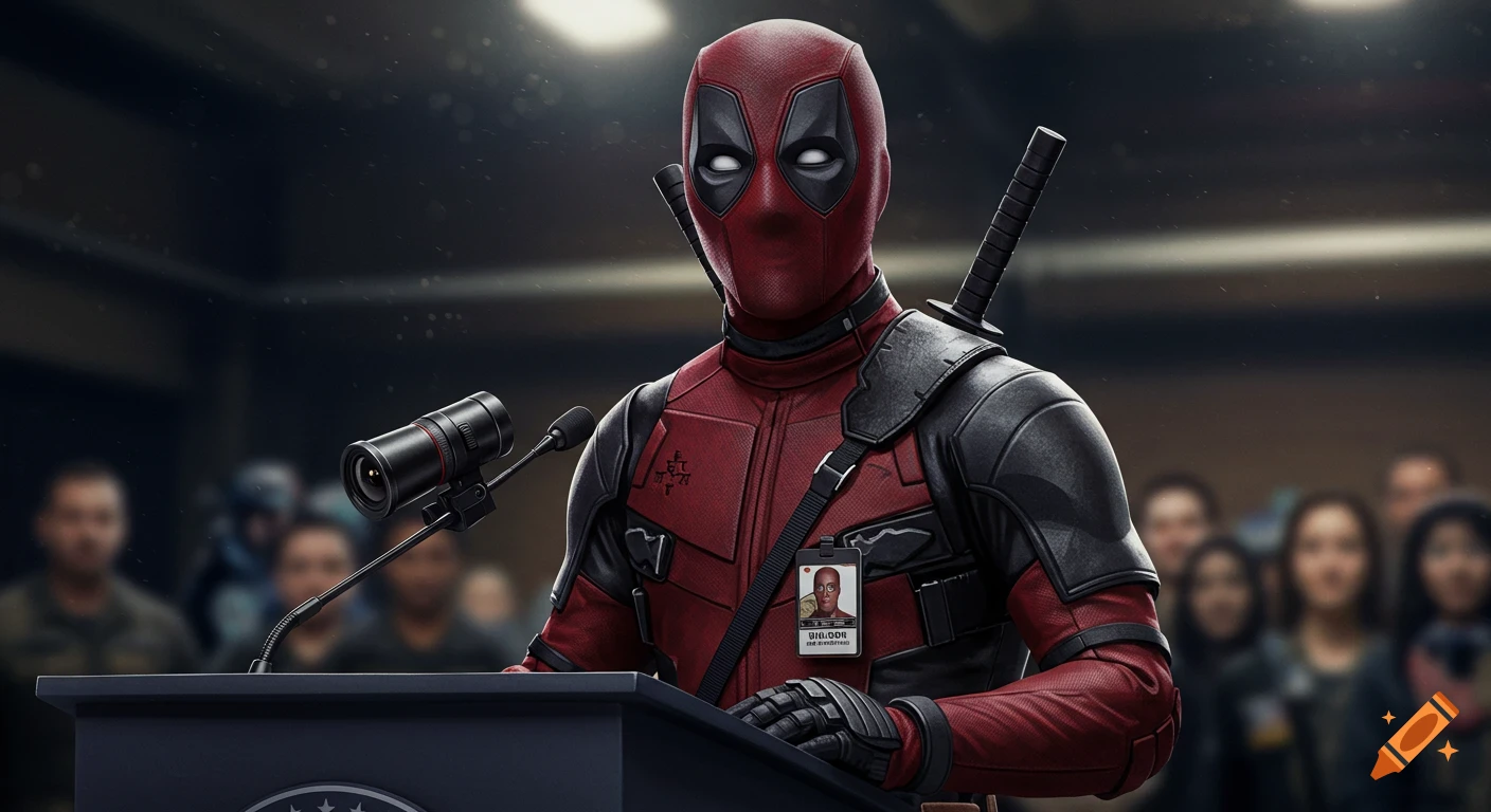 Deadpool in his red and black suit stands at a press conference podium, with a camera lens as a microphone and an ID badge on his chest, in a photorealistic style.