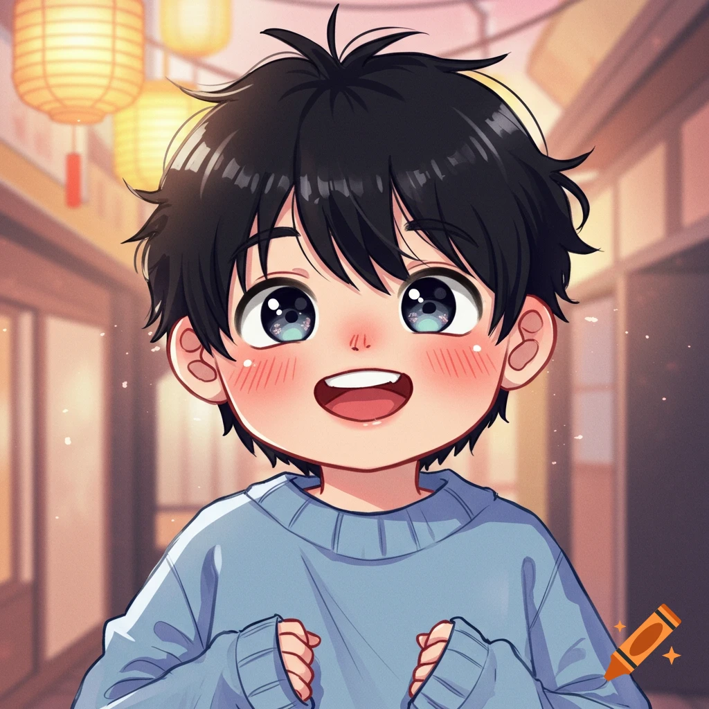 A cute, smiling anime boy with black hair and big blue eyes wears a blue sweater, standing in a street with lanterns in the background.