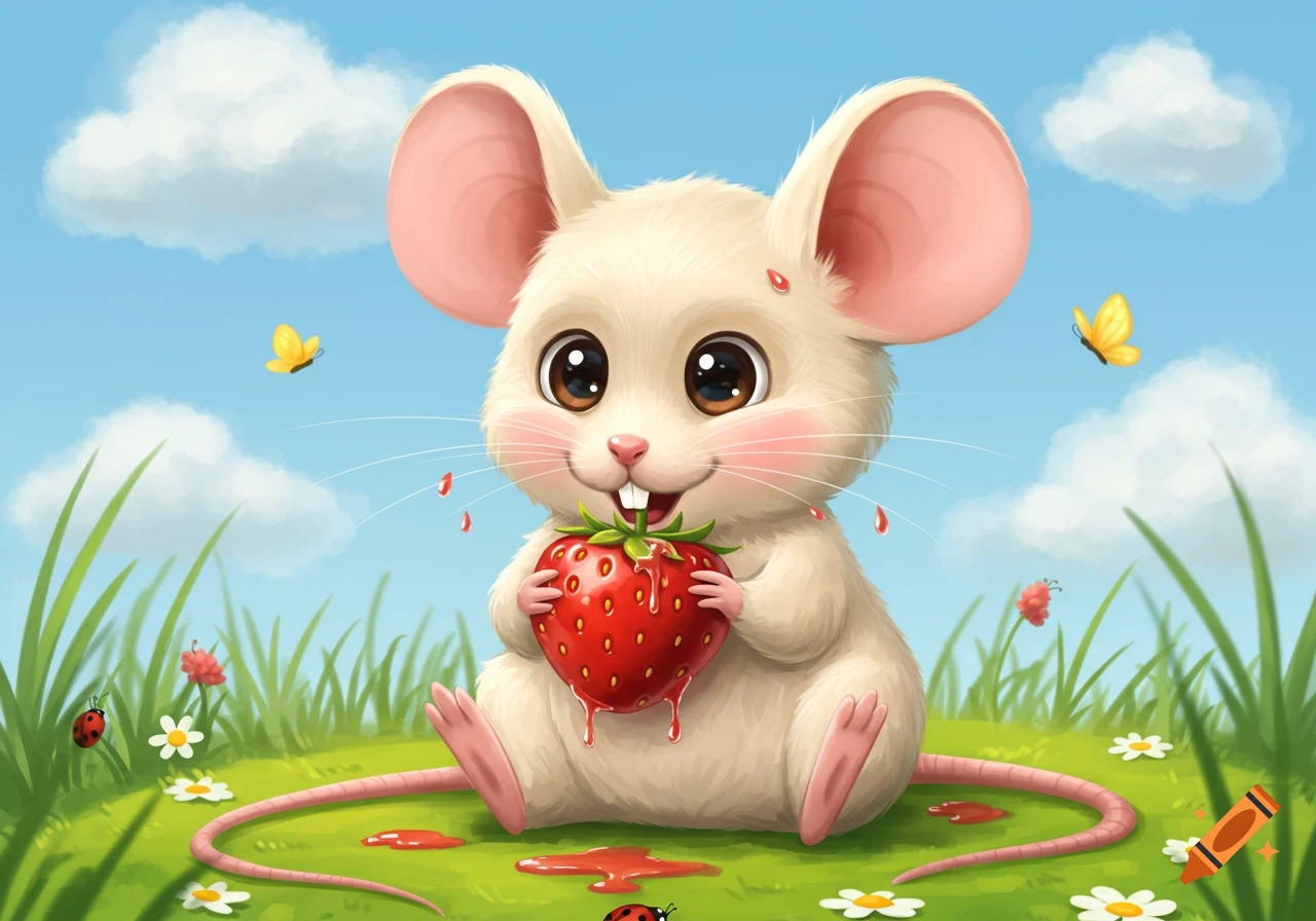 A cute cartoon mouse with big ears happily eats a strawberry, sitting in green grass under a blue sky with clouds and butterflies.