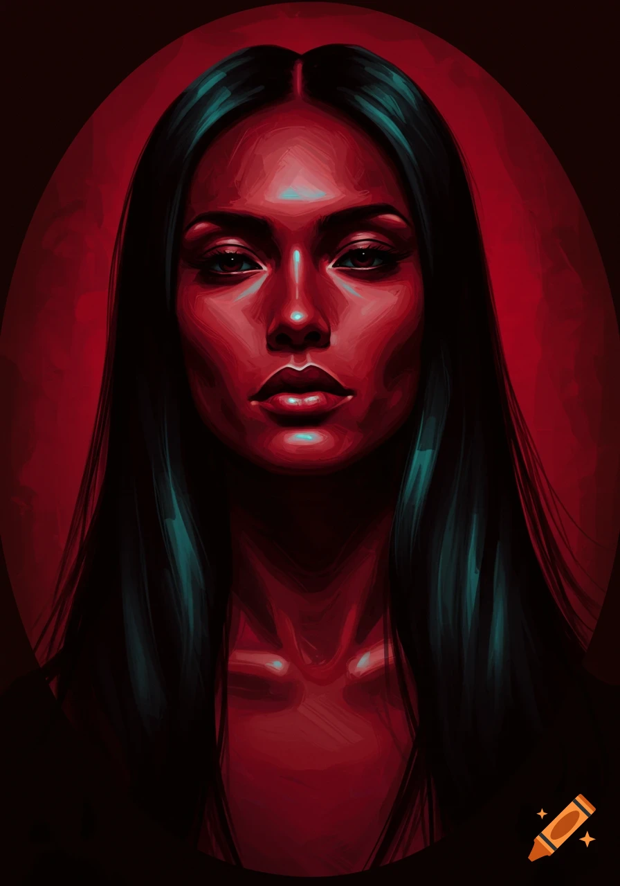 Stylized digital painting of a woman with red skin tones, dark hair, and an intense gaze, against a dark red background.