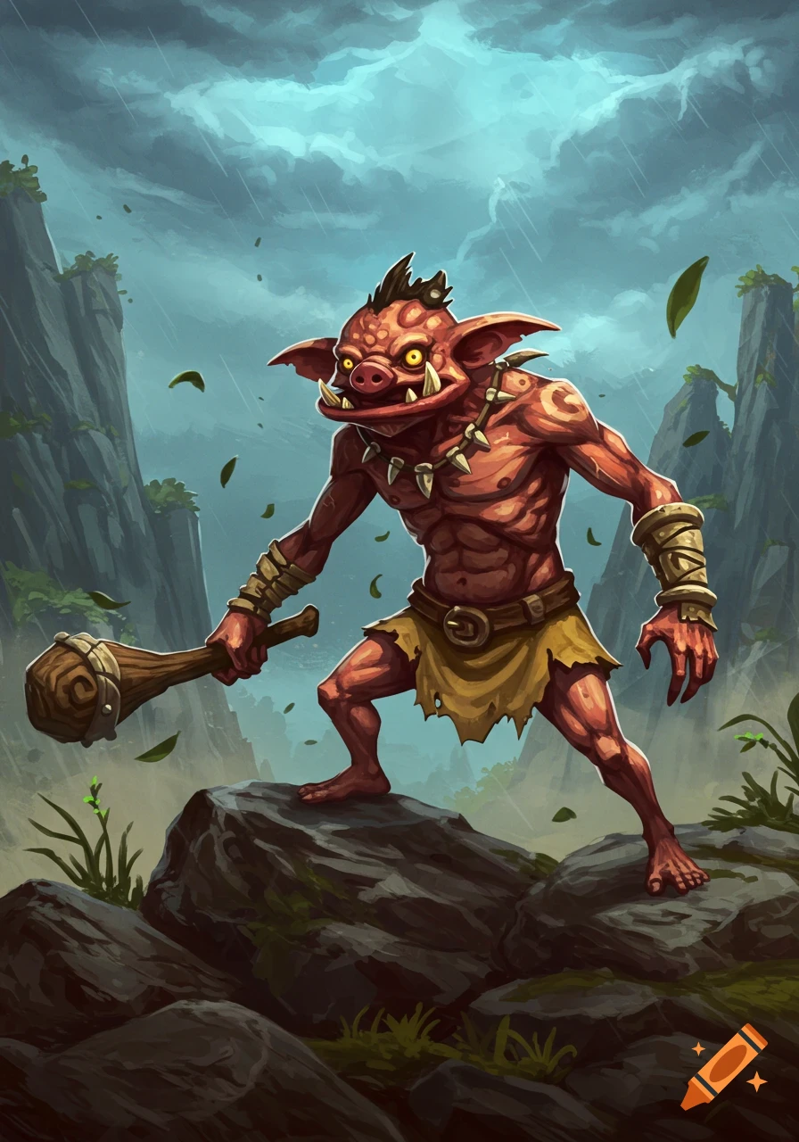 A red-skinned, pig-faced Bokoblin creature with tusks and a club stands on rocks in a rainy fantasy mountain landscape, digital art.