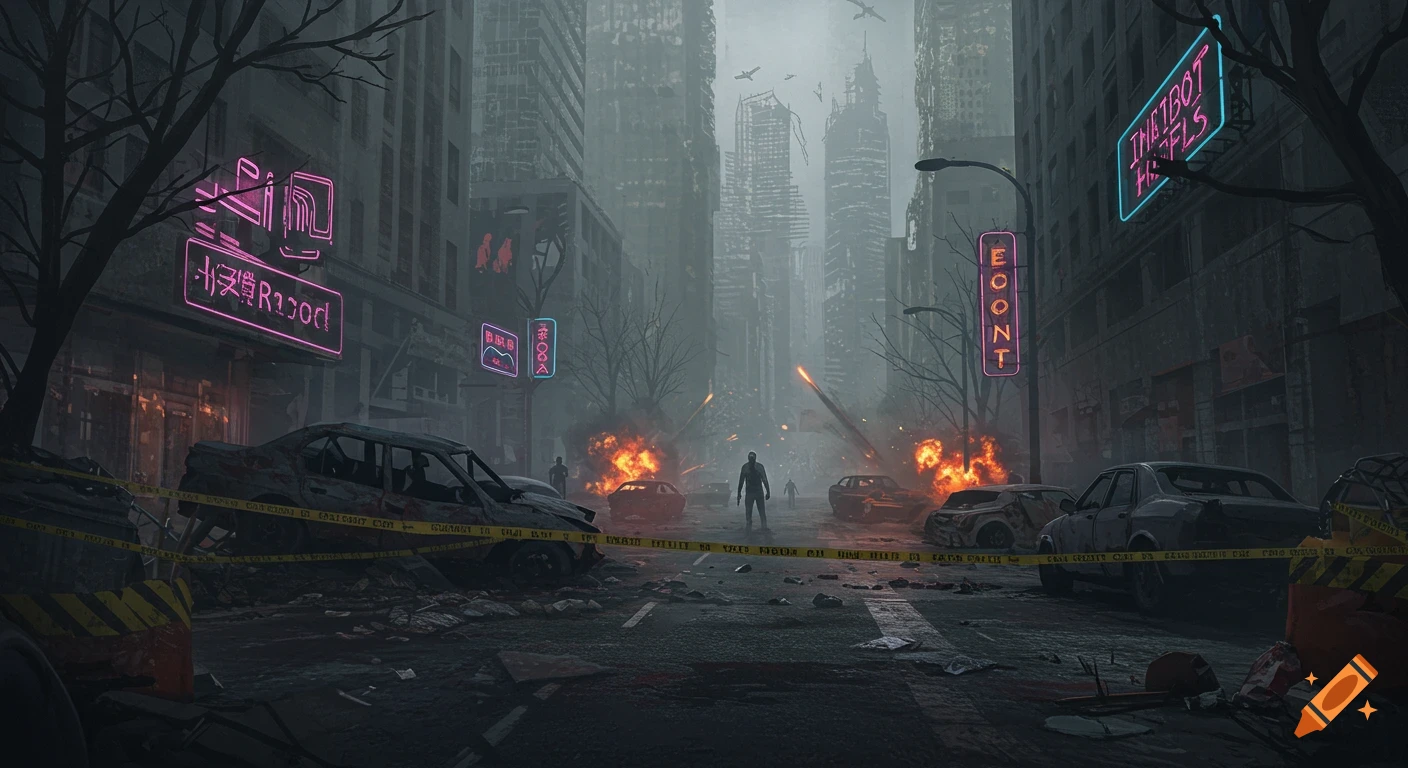 A dark, hazy post-apocalyptic city street with abandoned, burning cars, debris, and shadowy figures amidst ruined buildings and neon signs.