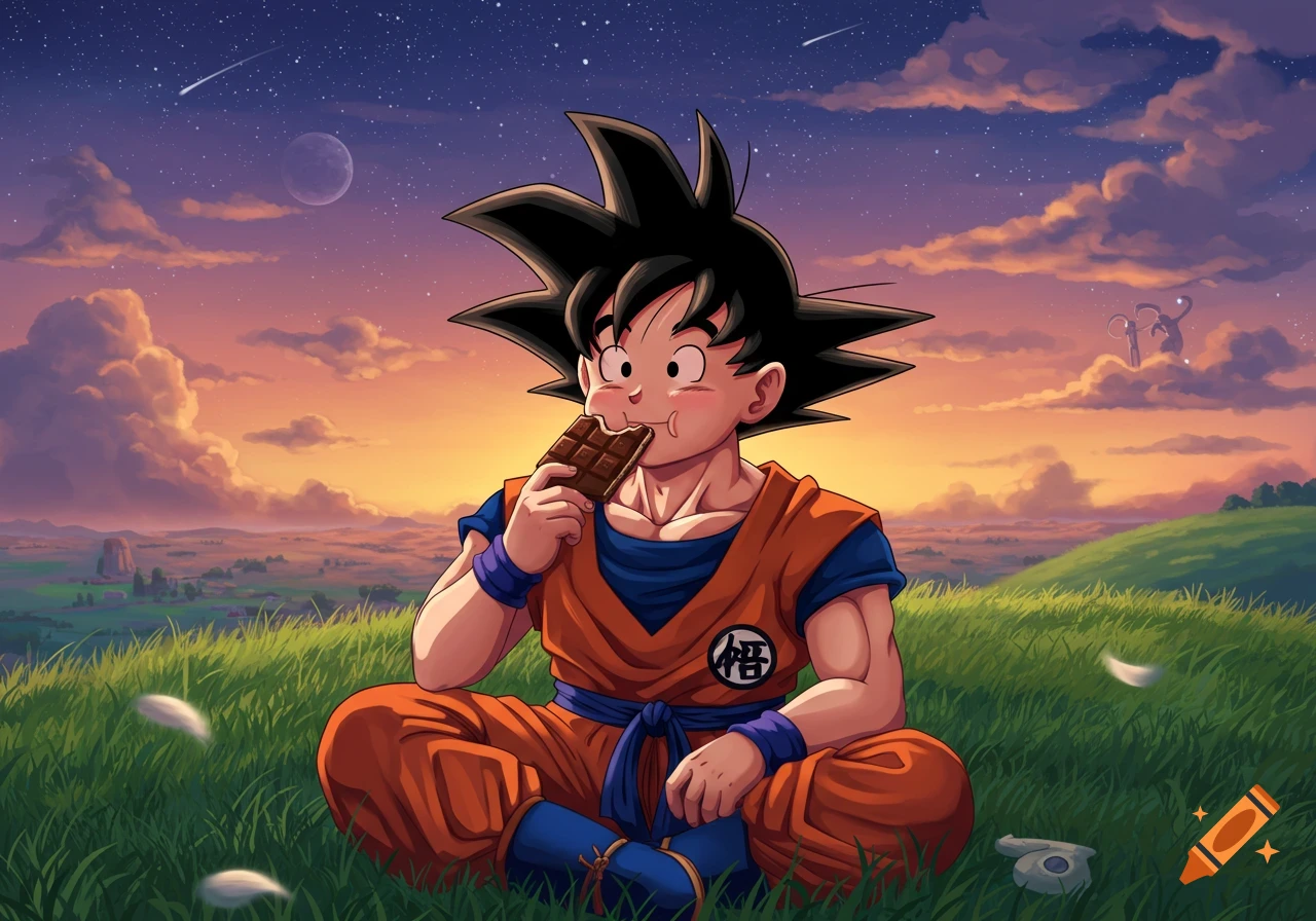 Goku sits in a grassy field at sunset, eating a chocolate bar under a starry sky in an anime style.