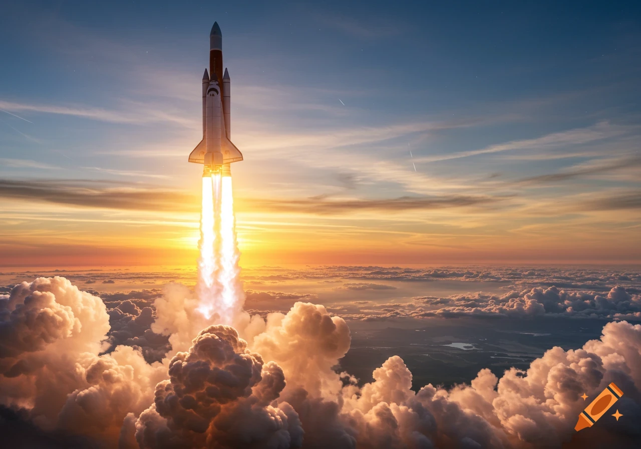A large rocket launches upward through thick clouds into a vibrant sunset sky, with bright orange exhaust plumes.