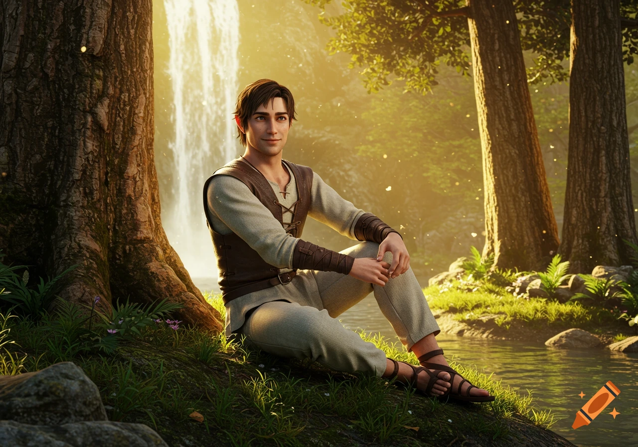 A man in medieval attire with a shy smile sits on a riverbank near a glowing waterfall in a sunlit forest, in 3D videogame artstyle.