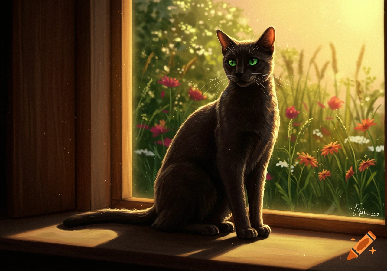 A dark cat with bright green eyes sits on a sunlit windowsill, looking out at a vibrant field of colorful flowers in a painterly style.