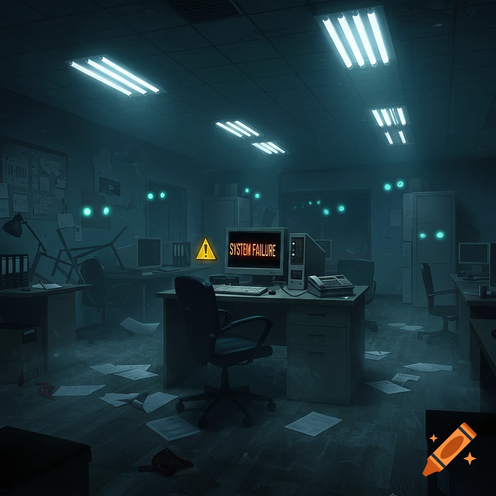Dark, messy office with a computer displaying 'SYSTEM FAILURE' and glowing green eyes in the background, digital art.
