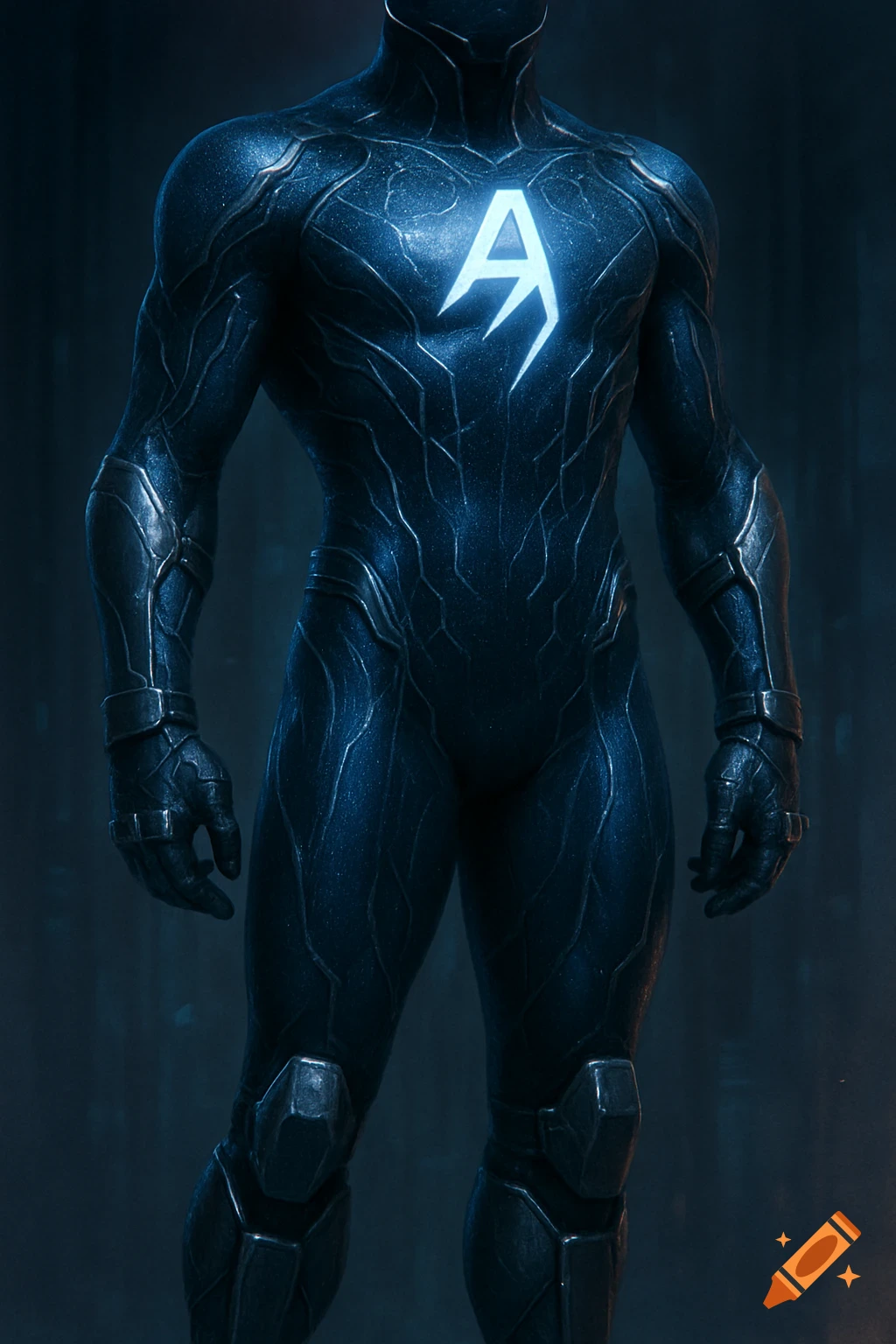 Dark blue futuristic superhero suit with glowing 'A' symbol on chest, textured and photorealistic.