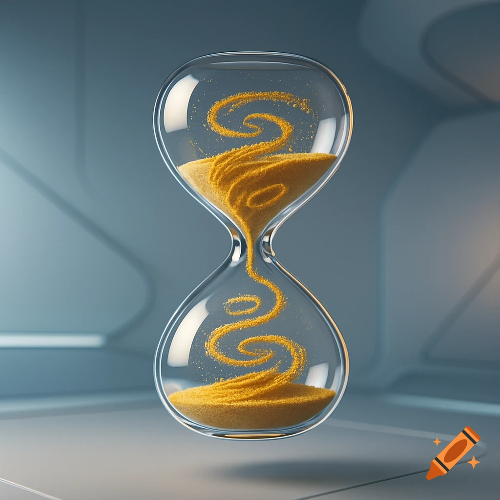 A surreal, zero-gravity hourglass with golden sand swirling inside, floating against a minimalist futuristic background.