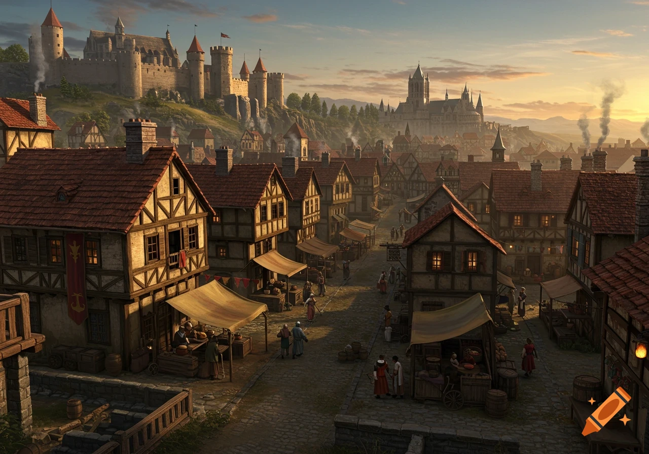 A detailed panoramic view of a vibrant medieval city at sunset, featuring timber-framed houses, bustling marketplace stalls, and a grand castle atop a distant hill.
